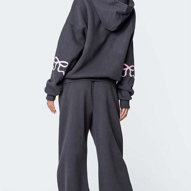 Dames Tracksuit Grijs | Oversized Design | Roze Grafische Strikdetails | Comfortabele Katoen Polyester Mix | Stijlvolle Set