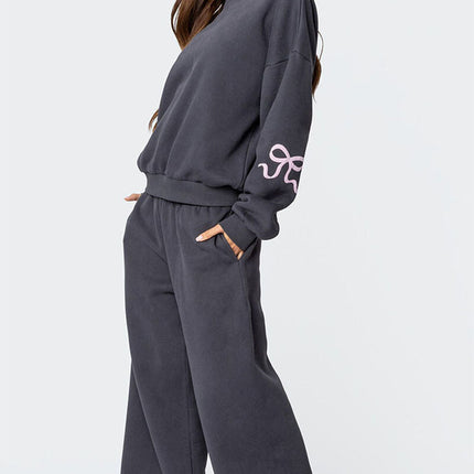 Dames Tracksuit Grijs | Oversized Design | Roze Grafische Strikdetails | Comfortabele Katoen Polyester Mix | Stijlvolle Set