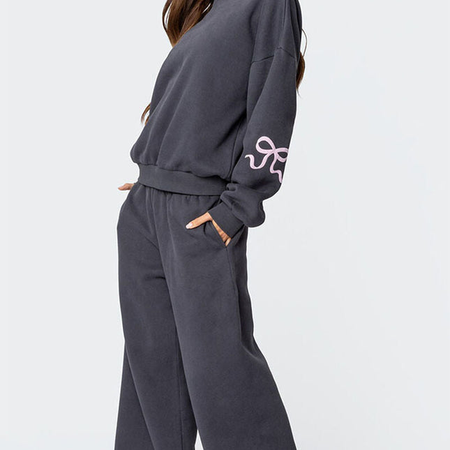 Dames Tracksuit Grijs | Oversized Design | Roze Grafische Strikdetails | Comfortabele Katoen Polyester Mix | Stijlvolle Set