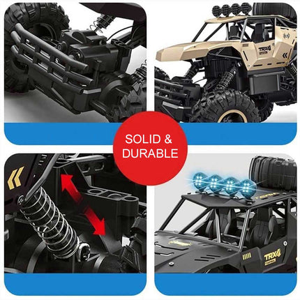 6x6 RC Monster Truck | 1/12 Schaal | All-Terrain Off-Road | 52 km/u | 2.4GHz Technologie | Schokbestendig | Antislipbanden | Zwart/Goud | Realistische Voorlichten | 7.4V 1200mAh Batterij | Voor Kinderen vanaf 6 Jaar | USB Opladen