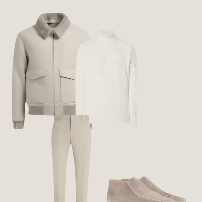 Complete Winteroutfit Heren | Luxe Jas of Blazer + Merinowollen Trui of Overhemd + Slanke Broek | Beige-Wit Hoge Suède Loafers