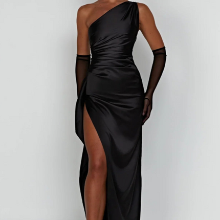 Eva | Luxe Geplooide Satijnen Maxi Jurk Met One-Shoulder | Chique Splitjurk Voor Speciale Gelegenheden | Feestelijke Damesjurk