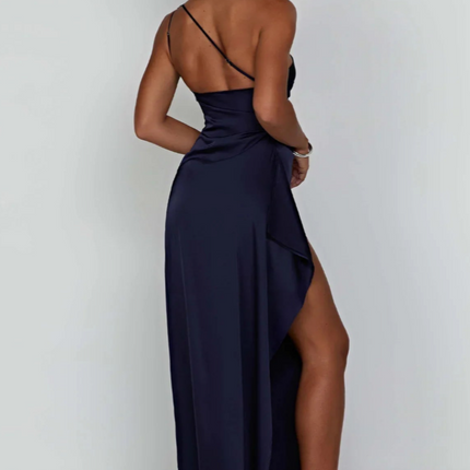 Eva | Luxe Geplooide Satijnen Maxi Jurk Met One-Shoulder | Chique Splitjurk Voor Speciale Gelegenheden | Feestelijke Damesjurk