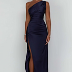 Eva | Luxe Geplooide Satijnen Maxi Jurk Met One-Shoulder | Chique Splitjurk Voor Speciale Gelegenheden | Feestelijke Damesjurk