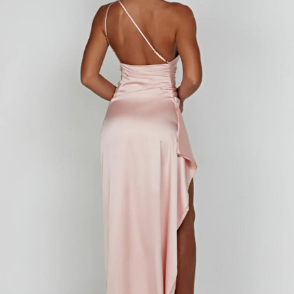 Eva | Luxe Geplooide Satijnen Maxi Jurk Met One-Shoulder | Chique Splitjurk Voor Speciale Gelegenheden | Feestelijke Damesjurk
