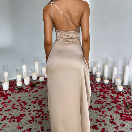 Eva | Luxe Geplooide Satijnen Maxi Jurk Met One-Shoulder | Chique Splitjurk Voor Speciale Gelegenheden | Feestelijke Damesjurk
