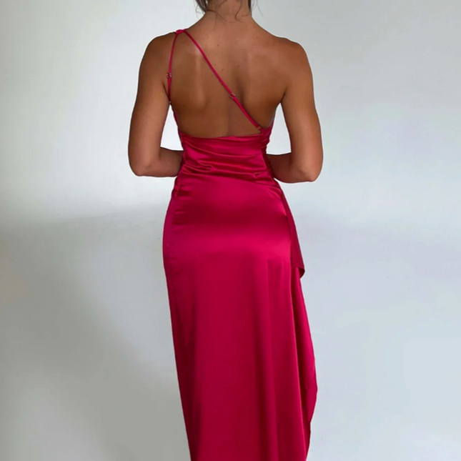 Eva | Luxe Geplooide Satijnen Maxi Jurk Met One-Shoulder | Chique Splitjurk Voor Speciale Gelegenheden | Feestelijke Damesjurk