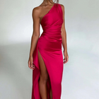 Eva | Luxe Geplooide Satijnen Maxi Jurk Met One-Shoulder | Chique Splitjurk Voor Speciale Gelegenheden | Feestelijke Damesjurk
