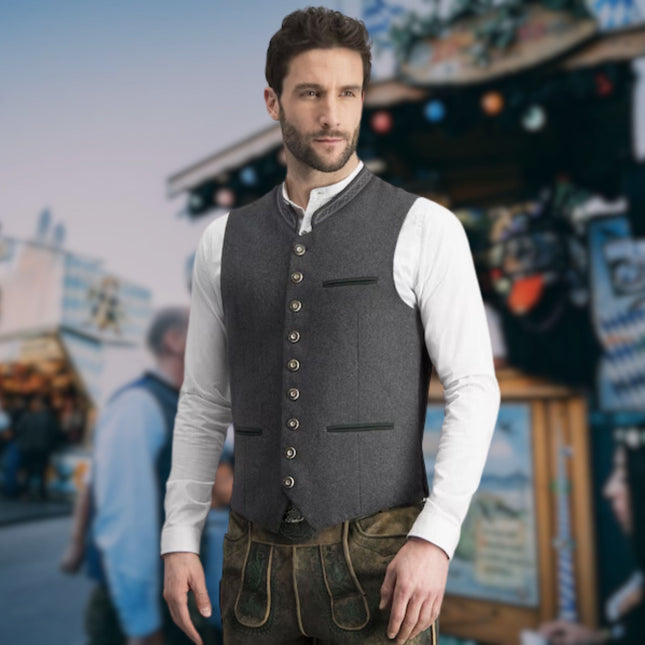 Traditionele Herenvest Oktoberfest | Authentiek Beiers Design | Hoogwaardige Materialen | Stijlvol & Comfortabel | Kleding & Accessoires | Lederachtige Bretels & Geborduurde Motieven | Perfect Voor Festivals & Feesten