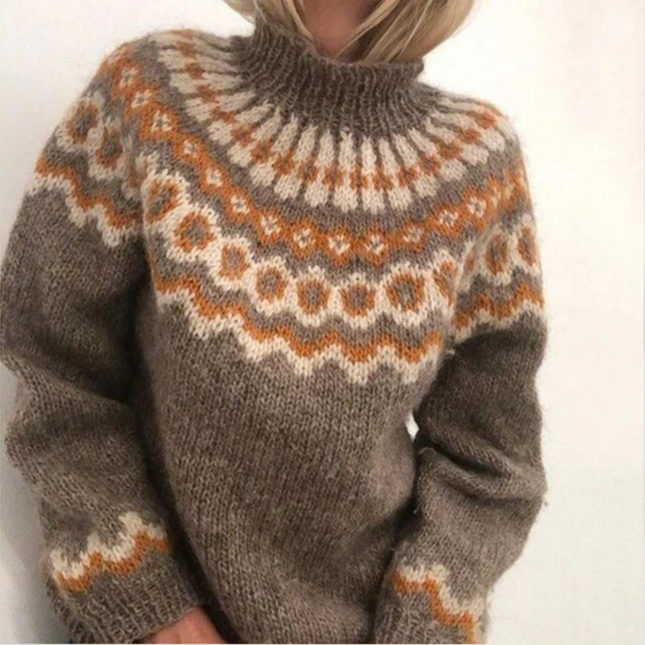 Stijlvolle Gebreide Dames Coltrui | Elegante Warme Trui Met Geometrisch Patroon | Comfortabele Lossere Pasvorm | Hoogwaardige Zachte Materialen | Perfect Voor Kantoor En Casual | Modern Design Voor Winterdagen