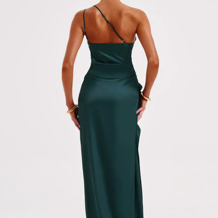 Eva | Luxe Geplooide Satijnen Maxi Jurk Met One-Shoulder | Chique Splitjurk Voor Speciale Gelegenheden | Feestelijke Damesjurk