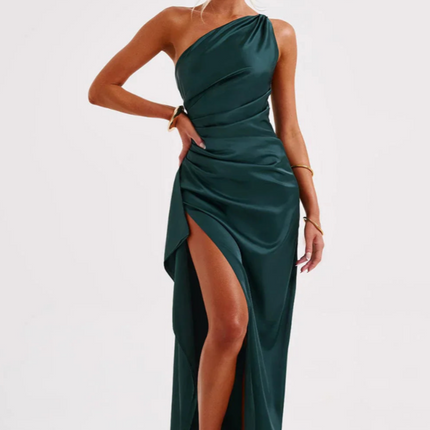 Eva | Luxe Geplooide Satijnen Maxi Jurk Met One-Shoulder | Chique Splitjurk Voor Speciale Gelegenheden | Feestelijke Damesjurk