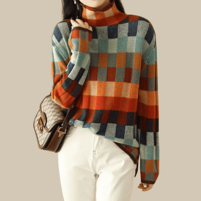Dames Coltrui | Premium Mongools Kasjmier | Patchwork Design | Vrouwelijke Kasjmier Trui | Zacht & Warm | Lente Herfst Winter | Geavanceerd Breiwerk | Hoogwaardige Kleding | Stijlvolle Mêlange | Comfortabele Pasvorm