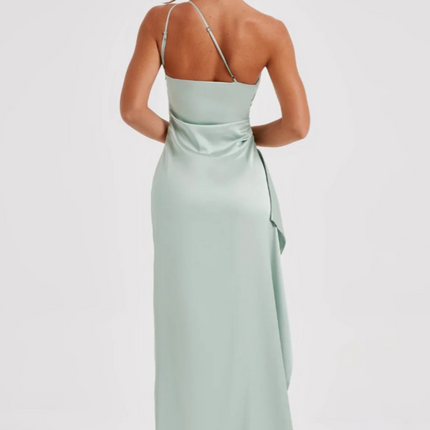 Eva | Luxe Geplooide Satijnen Maxi Jurk Met One-Shoulder | Chique Splitjurk Voor Speciale Gelegenheden | Feestelijke Damesjurk