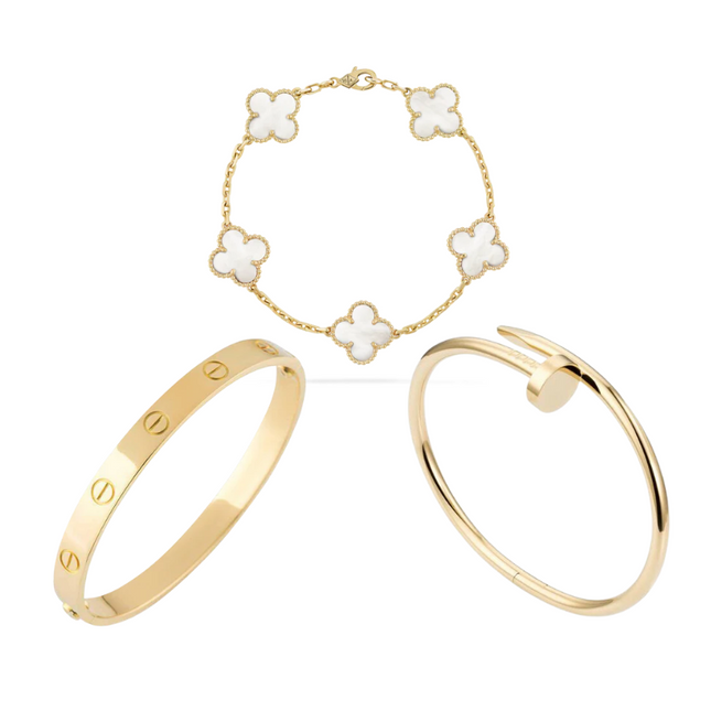 Wit Armbandenset Dames | Luxe Stapel Armbanden | Iconisch Schroefdetail | Elegante Nagelvorm | Bloemenpatroon | Polssieraad
