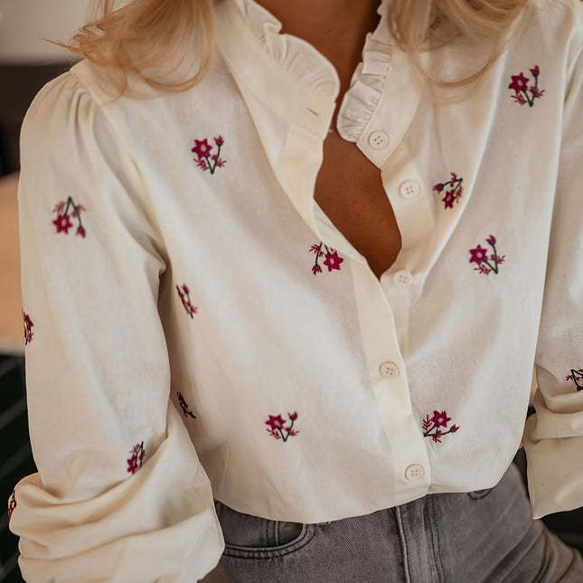 Floral Print Kraag Dames Bloes | Elegante & Chic | Ademende Stof & Flexibel Draagcomfort | Vrouwelijke Details | Lente/Zomer/Herfst