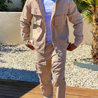 Heren Casual Twee-delige Set, Basic Stijl, Beige Werkjas En Joggingbroek Combo Met Meerdere Zakken, Comfortabele Pasvorm, Voor Lente Herfst Winter - Visconte