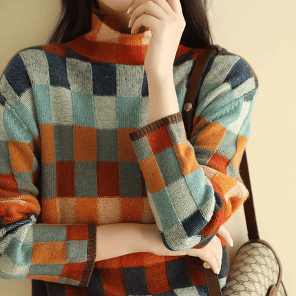 Dames Coltrui | Premium Mongools Kasjmier | Patchwork Design | Vrouwelijke Kasjmier Trui | Zacht & Warm | Lente Herfst Winter | Geavanceerd Breiwerk | Hoogwaardige Kleding | Stijlvolle Mêlange | Comfortabele Pasvorm