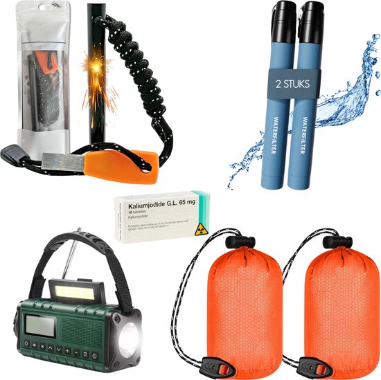 Noodpakket Compleet | 2x Thermoslaapzak Warmte-isolatie | Jodiumtabletten Stralingsbescherming | AM/FM Noodradio met Lamp | Waterfilters voor 1000L Gezuiverd Water | Efficiënte Vuurstarter | Voorbereiding Thuis & Avontuur