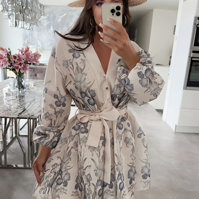 Elegante Blouse Jurk Dames | V-hals | Bloemenprint | Ademend & Comfortabel | Ideaal Voor Werk & Vrije Tijd | Modieuze Pasvorm | Lente/Herfst/Zomer | Elegante Details | Elastische Taille | Vrouwelijke Stijl