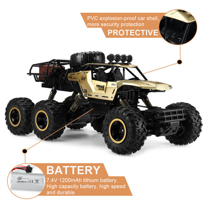 6x6 RC Monster Truck | 1/12 Schaal | All-Terrain Off-Road | 52 km/u | 2.4GHz Technologie | Schokbestendig | Antislipbanden | Zwart/Goud | Realistische Voorlichten | 7.4V 1200mAh Batterij | Voor Kinderen vanaf 6 Jaar | USB Opladen