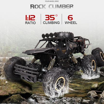 6x6 RC Monster Truck | 1/12 Schaal | All-Terrain Off-Road | 52 km/u | 2.4GHz Technologie | Schokbestendig | Antislipbanden | Zwart/Goud | Realistische Voorlichten | 7.4V 1200mAh Batterij | Voor Kinderen vanaf 6 Jaar | USB Opladen