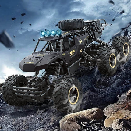 6x6 RC Monster Truck | 1/12 Schaal | All-Terrain Off-Road | 52 km/u | 2.4GHz Technologie | Schokbestendig | Antislipbanden | Zwart/Goud | Realistische Voorlichten | 7.4V 1200mAh Batterij | Voor Kinderen vanaf 6 Jaar | USB Opladen