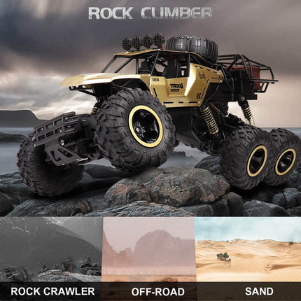 6x6 RC Monster Truck | 1/12 Schaal | All-Terrain Off-Road | 52 km/u | 2.4GHz Technologie | Schokbestendig | Antislipbanden | Zwart/Goud | Realistische Voorlichten | 7.4V 1200mAh Batterij | Voor Kinderen vanaf 6 Jaar | USB Opladen