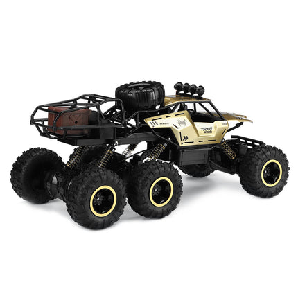 6x6 RC Monster Truck | 1/12 Schaal | All-Terrain Off-Road | 52 km/u | 2.4GHz Technologie | Schokbestendig | Antislipbanden | Zwart/Goud | Realistische Voorlichten | 7.4V 1200mAh Batterij | Voor Kinderen vanaf 6 Jaar | USB Opladen