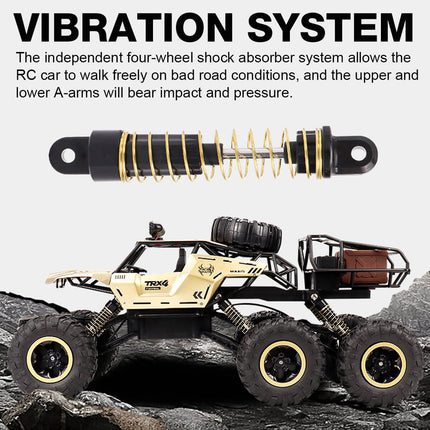 6x6 RC Monster Truck | 1/12 Schaal | All-Terrain Off-Road | 52 km/u | 2.4GHz Technologie | Schokbestendig | Antislipbanden | Zwart/Goud | Realistische Voorlichten | 7.4V 1200mAh Batterij | Voor Kinderen vanaf 6 Jaar | USB Opladen