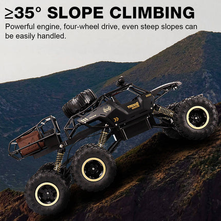 6x6 RC Monster Truck | 1/12 Schaal | All-Terrain Off-Road | 52 km/u | 2.4GHz Technologie | Schokbestendig | Antislipbanden | Zwart/Goud | Realistische Voorlichten | 7.4V 1200mAh Batterij | Voor Kinderen vanaf 6 Jaar | USB Opladen