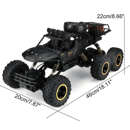 6x6 RC Monster Truck | 1/12 Schaal | All-Terrain Off-Road | 52 km/u | 2.4GHz Technologie | Schokbestendig | Antislipbanden | Zwart/Goud | Realistische Voorlichten | 7.4V 1200mAh Batterij | Voor Kinderen vanaf 6 Jaar | USB Opladen