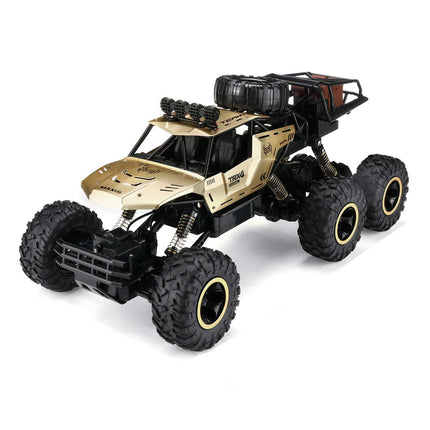 6x6 RC Monster Truck | 1/12 Schaal | All-Terrain Off-Road | 52 km/u | 2.4GHz Technologie | Schokbestendig | Antislipbanden | Zwart/Goud | Realistische Voorlichten | 7.4V 1200mAh Batterij | Voor Kinderen vanaf 6 Jaar | USB Opladen