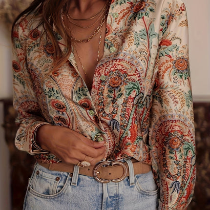 Paisley Print Blouse Dames Elegantie | Ademend Comfort | Flatterende Pasvorm | Kant & Plooien Details | Lente/Zomer/Herfst | Stijlvol Kantoor en Casual