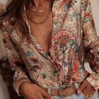 Paisley Print Blouse Dames Elegantie | Ademend Comfort | Flatterende Pasvorm | Kant & Plooien Details | Lente/Zomer/Herfst | Stijlvol Kantoor en Casual