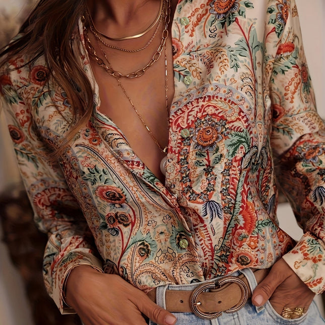 Paisley Print Blouse Dames Elegantie | Ademend Comfort | Flatterende Pasvorm | Kant & Plooien Details | Lente/Zomer/Herfst | Stijlvol Kantoor en Casual