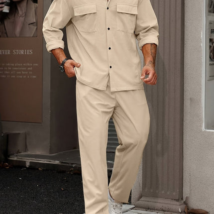 Heren Overhemd en Broek Set | Zachte Stof met Structuur | Regular Fit | Lange Mouwen en Knoopsluiting | Casual Comfort | Elastische Tailleband en Rechte Pijp | Neutrale Kleur voor Moderne Uitstraling | Urban Stijl