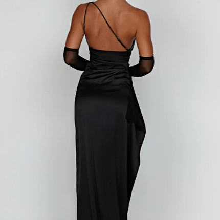 Eva | Luxe Geplooide Satijnen Maxi Jurk Met One-Shoulder | Chique Splitjurk Voor Speciale Gelegenheden | Feestelijke Damesjurk