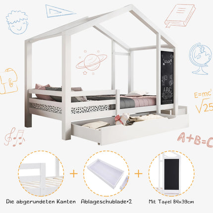 Wit kinderhuisbed 90x200 cm massief hout hekje lattenbodem krijtbord en 2 lades houten bed (zonder matras) | Kinderbed wit 90x200 cm massief hout met hekje krijtbord en 2 lades (zonder matras)