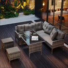 MERAX Poly Rotan Zitgroep Tuin Lounge voor 7 Personen met Banktafel Kruk & Kussens Verwijderbare Kussenslopen | Merax tuinset voor 7 personen | Rotan loungeset met tafel en krukken | Verwijderbare kussens voor gemakkelijk onderhoud