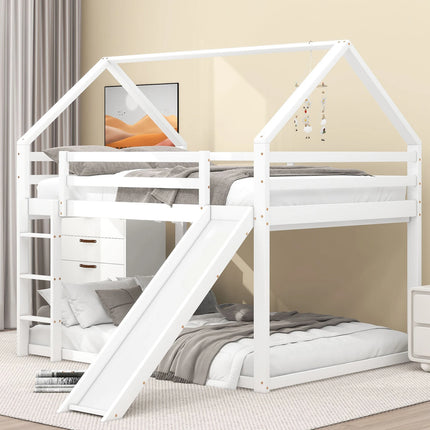 140x200cm Tweepersoons kinderbed huisbed stapelbed met glijbaan en ladder, kinderzolder hoog wit | Kinderhuisbed 140x200cm met Glijbaan en Ladder | Wit | Tweepersoons Kinderkamer Hoogslaper