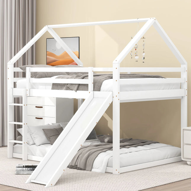 140x200cm Tweepersoons kinderbed huisbed stapelbed met glijbaan en ladder, kinderzolder hoog wit | Kinderhuisbed 140x200cm met Glijbaan en Ladder | Wit | Tweepersoons Kinderkamer Hoogslaper
