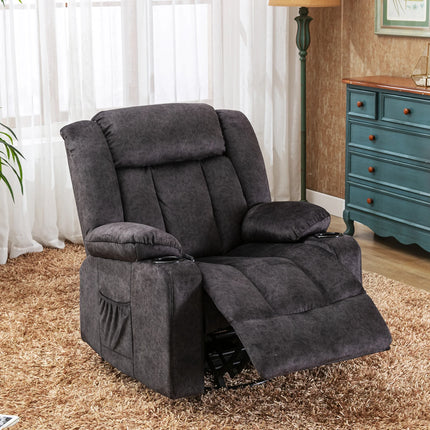 COMHOMA Relax fauteuil TV fauteuil lounge fauteuil met verstelbare 90 °-160 ° intrekbare voetensteun met 2 bekerhouders | COMHOMA Relaxstoel Zwart Grijs Bruin | Verstelbare rugleuning met massagefunctie | Draaibaar 360° met zijzakken