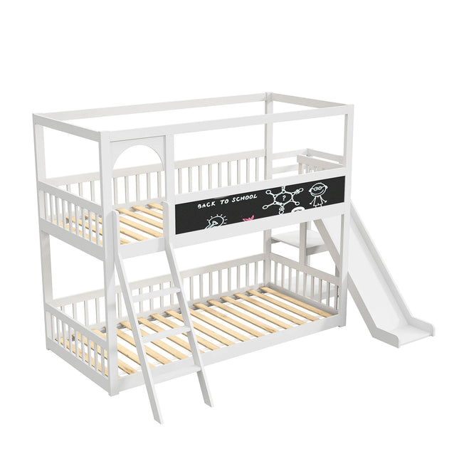 90x200cm Kinderbedframe met trap en glijbaan | Massief Houten Stapelbed met Krijtbord en Veiligheidshek | Creatief en Ruimtevriendelijk Slaap- en Speelbed voor Kinderen