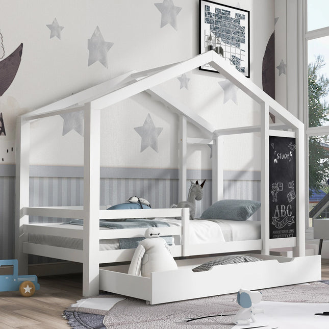 Wit kinderhuisbed 90x200 cm massief hout hekje lattenbodem krijtbord en 2 lades houten bed (zonder matras) | Kinderbed wit 90x200 cm massief hout met hekje krijtbord en 2 lades (zonder matras)
