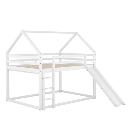140x200cm Tweepersoons kinderbed huisbed stapelbed met glijbaan en ladder, kinderzolder hoog wit | Kinderhuisbed 140x200cm met Glijbaan en Ladder | Wit | Tweepersoons Kinderkamer Hoogslaper
