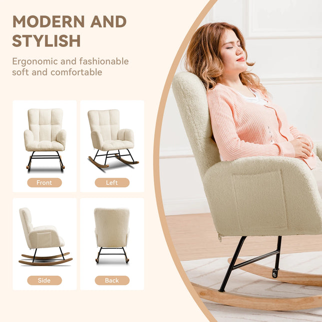 COMHOMA Schommelstoel armleuningen relax fauteuil teddy pluche oorfauteuil draaggewicht tot 150 kg ligstoel | COMHOMA Wiegstoel Pluche Teddy Fauteuil | Moderne Schommelstoel | Ergonomisch Design | Voor Woonkamer & Slaapkamer