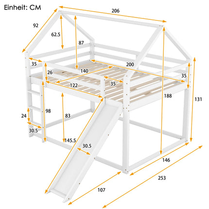 140x200cm Tweepersoons kinderbed huisbed stapelbed met glijbaan en ladder, kinderzolder hoog wit | Kinderhuisbed 140x200cm met Glijbaan en Ladder | Wit | Tweepersoons Kinderkamer Hoogslaper