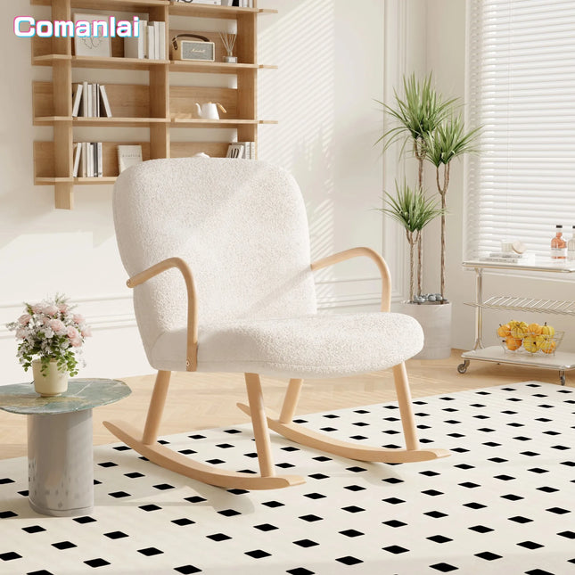 Comanlai Schommelstoel, Comfortabele Fauteuil met Massief Houten Benen, Bekleed Zitvlak, voor Woonkamer, Slaapkamer, Lamswol, Beige | Comanlai Moderne Schommelstoel Woonkamer | Houten Poten | Lamswollen Bekleding | Ergonomisch Ontwerp