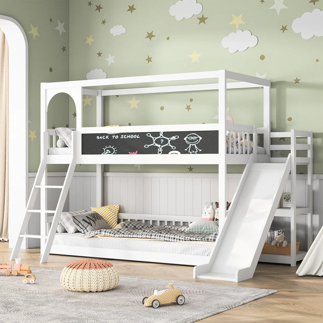 90x200cm Kinderbedframe met trap en glijbaan | Massief Houten Stapelbed met Krijtbord en Veiligheidshek | Creatief en Ruimtevriendelijk Slaap- en Speelbed voor Kinderen